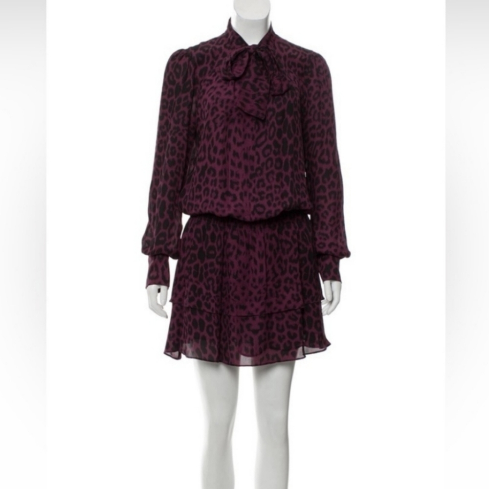 Parker Silk Cheetah Printed Ruffled Hem Tie Necked Dress Long Sleeve